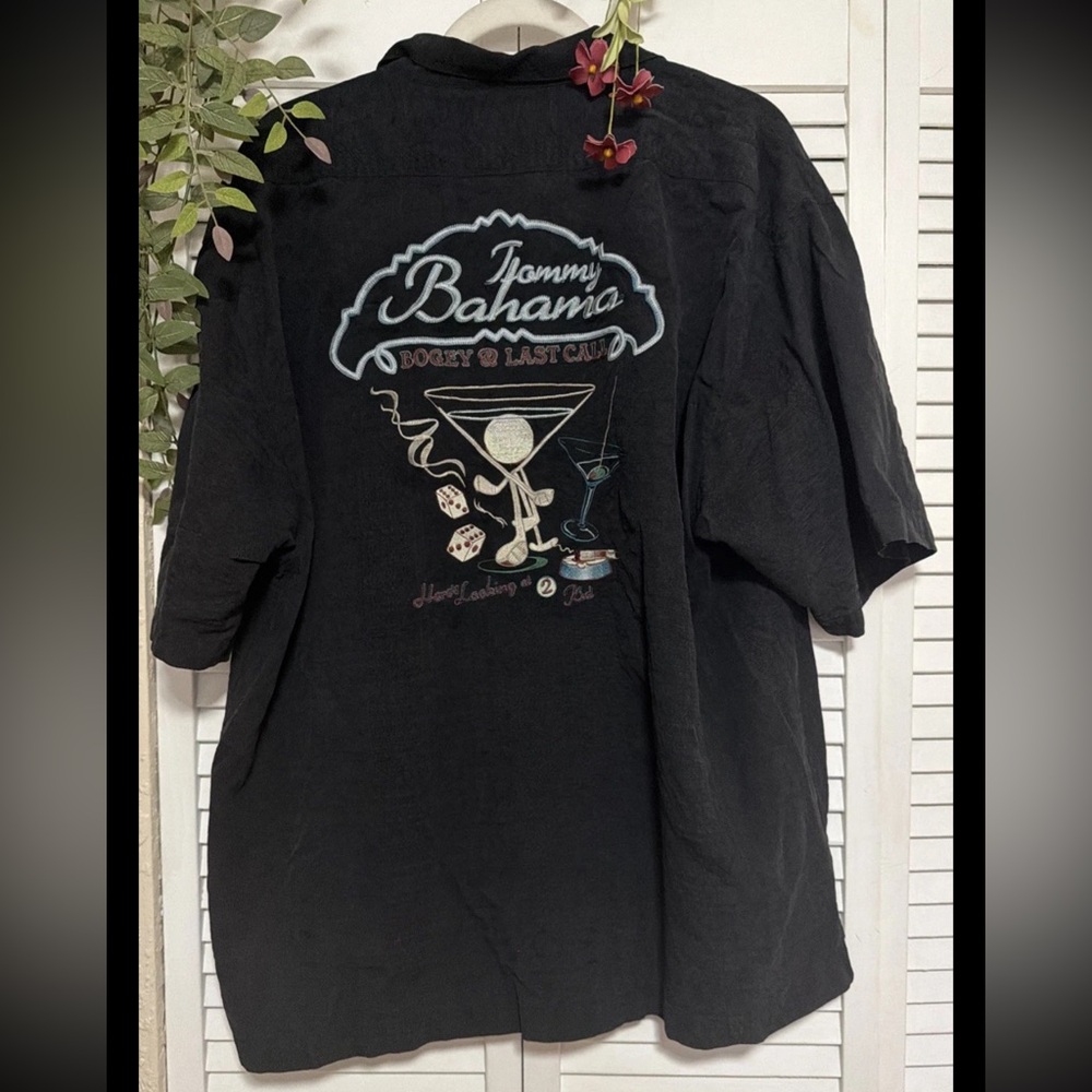 TOMMY BAHAMA Men's XL Embroidered Bogey & Last Call Short Sleeve Silk Shirt